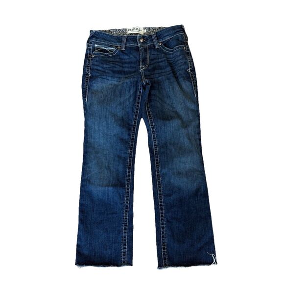 ARIAT REAL Denim Mid Rise Straight SZ 29 Regular Raw Hem Ocean Icon Womens - Picture 1 of 12